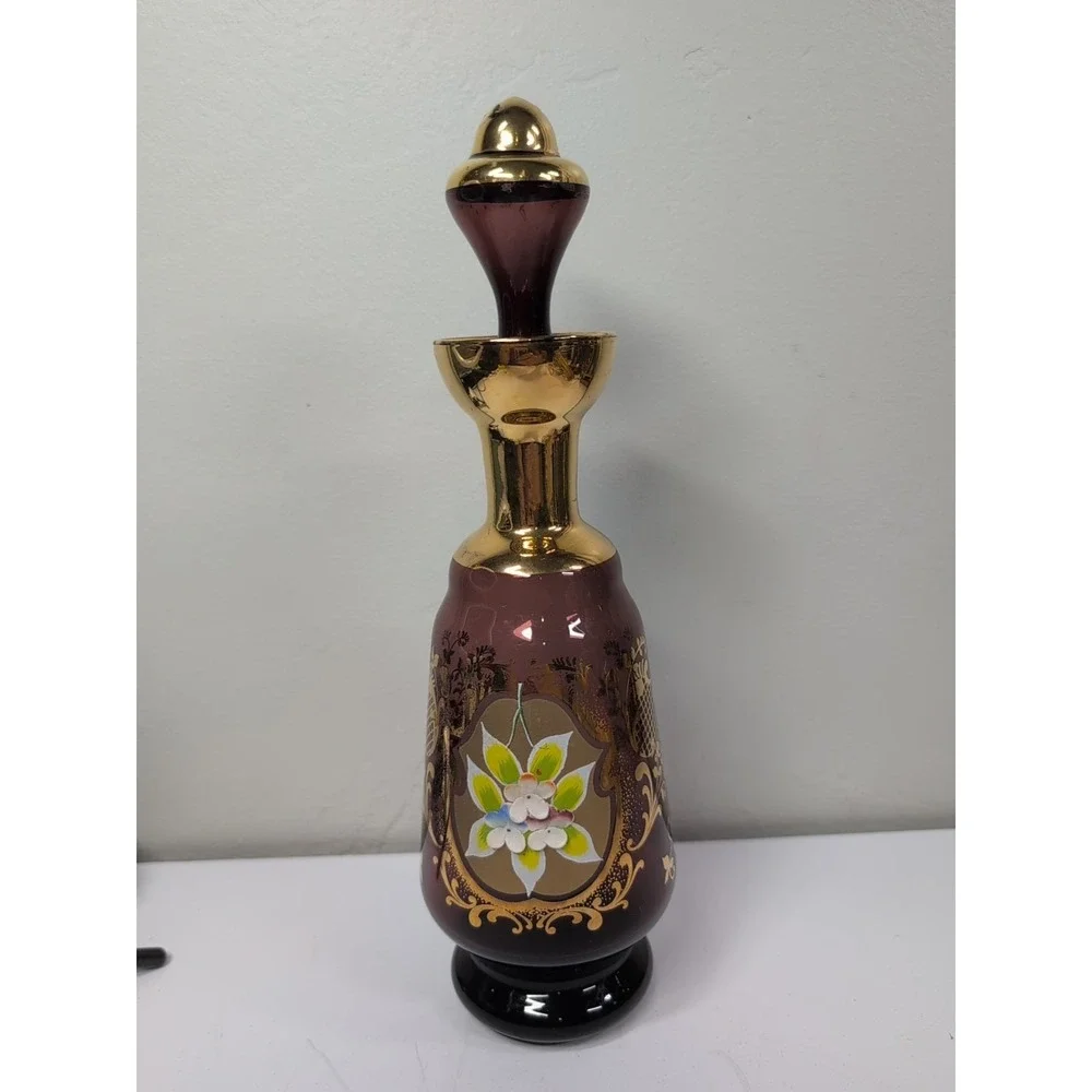 Vtg Purple Amethyst Bohemian Czech Glass Hand Painted Floral 11in‎